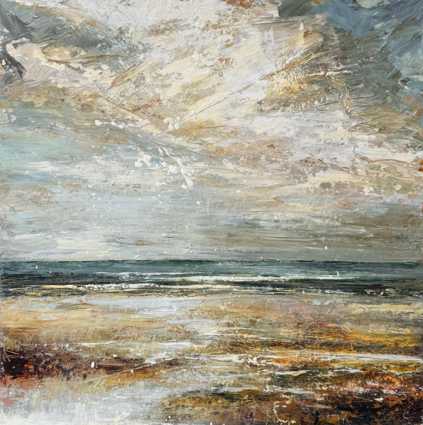 An impressionistic coastal painting with textured brushstrokes in earthy tones