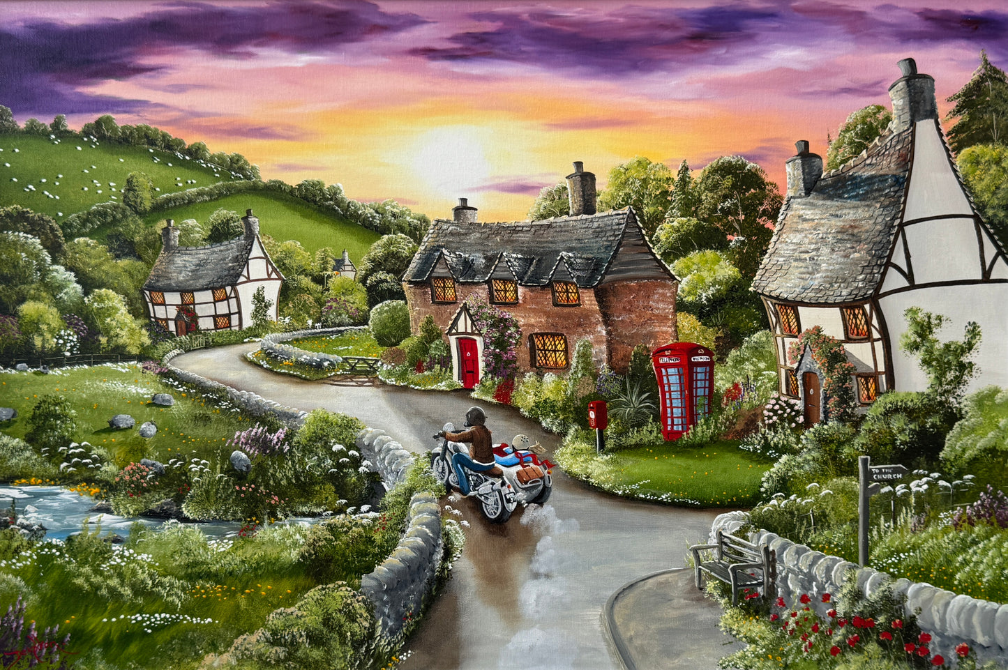 Charming stylised village scene with houses, a car, and a sunset.