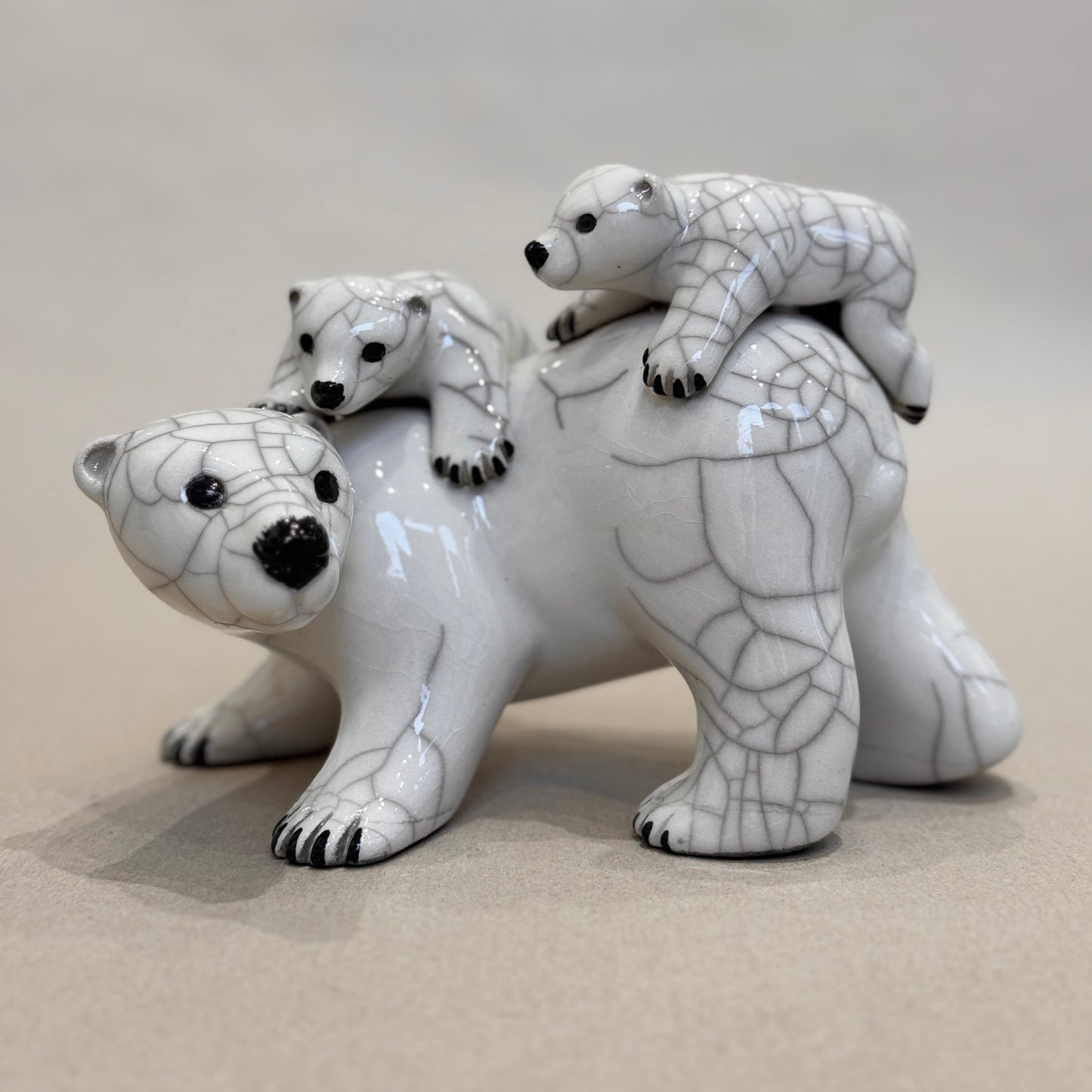 Polar Bear Mother and Two Cubs (raku)