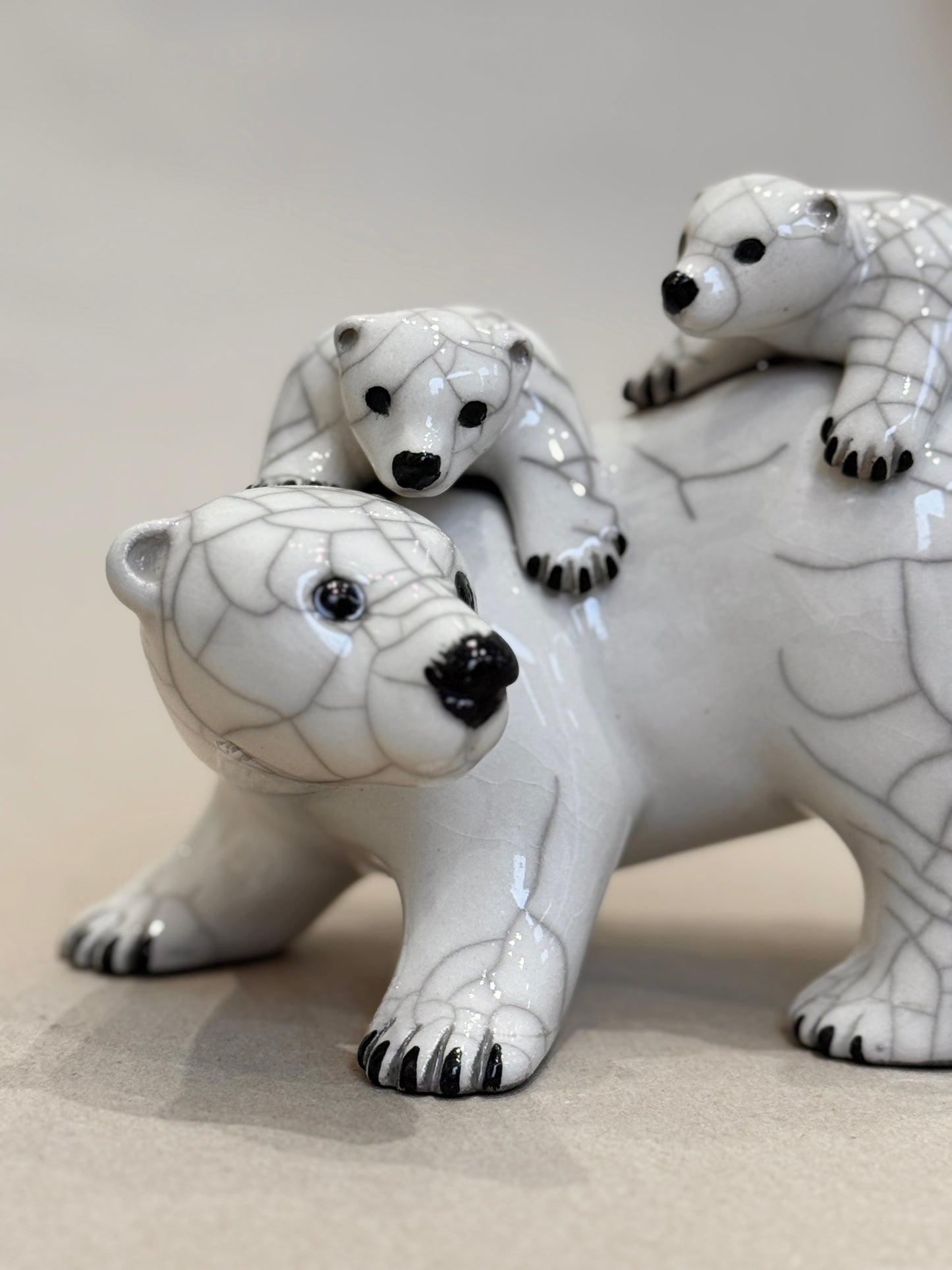 Polar Bear Mother and Two Cubs (raku)