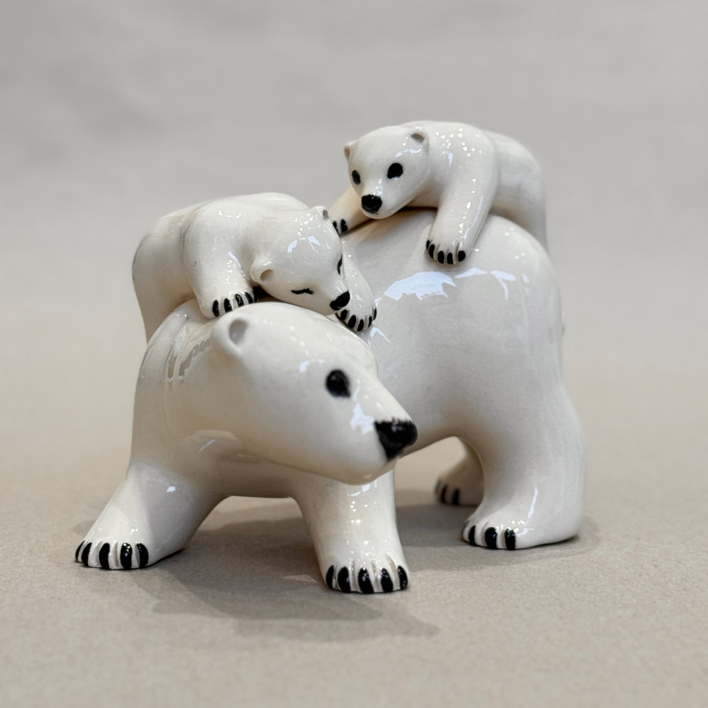 Polar Bear Mother and Two Cubs (earthenware)