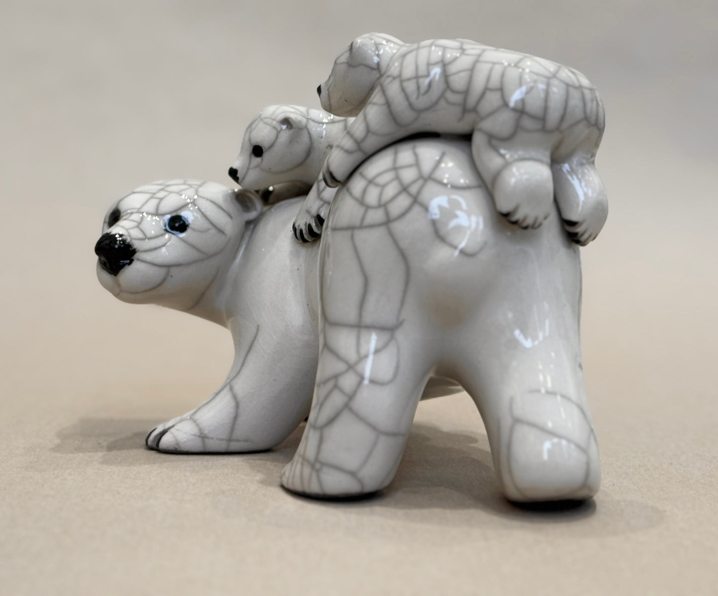 Polar Bear Mother and Two Cubs (raku)