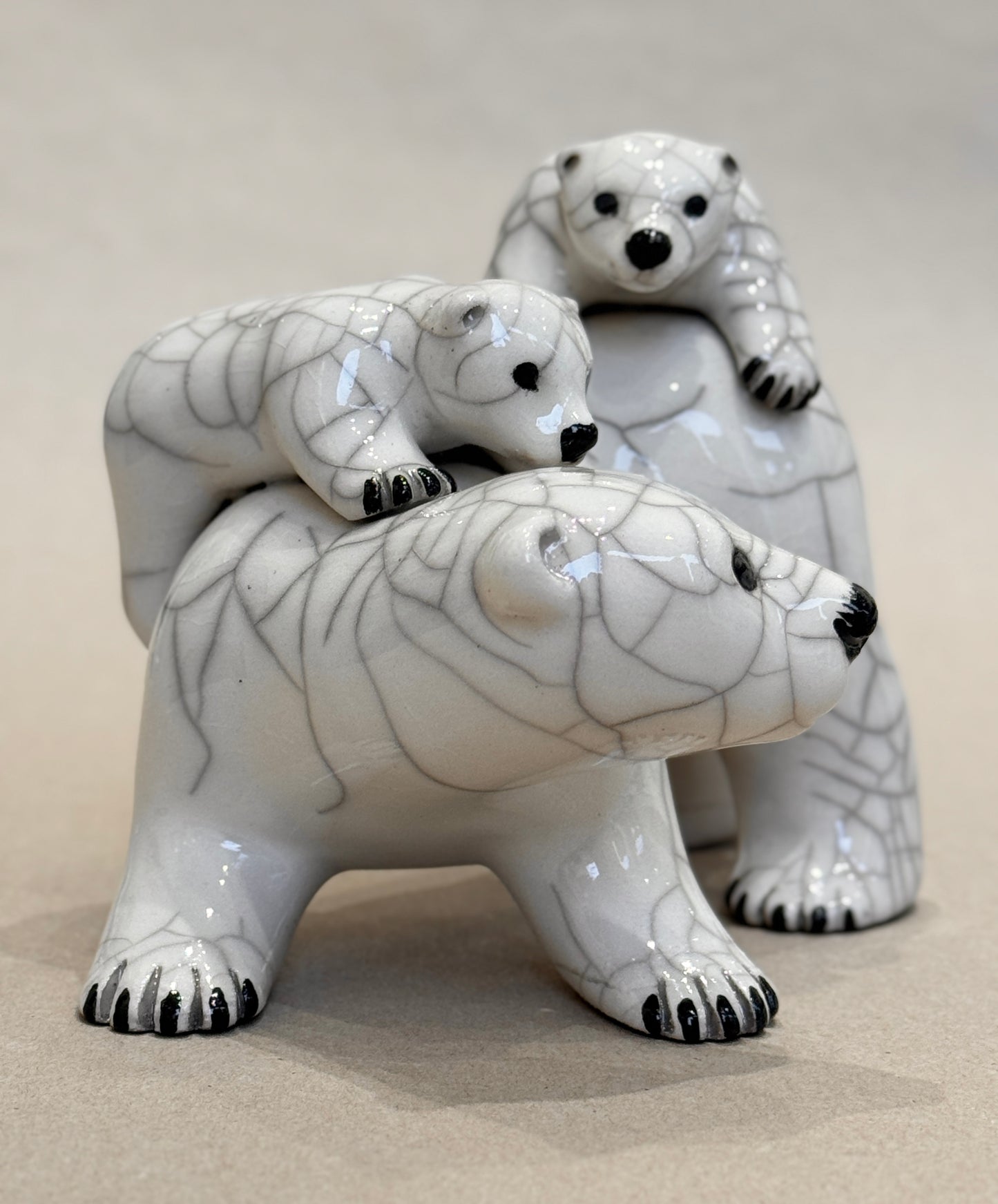 Polar Bear Mother and Two Cubs (raku)