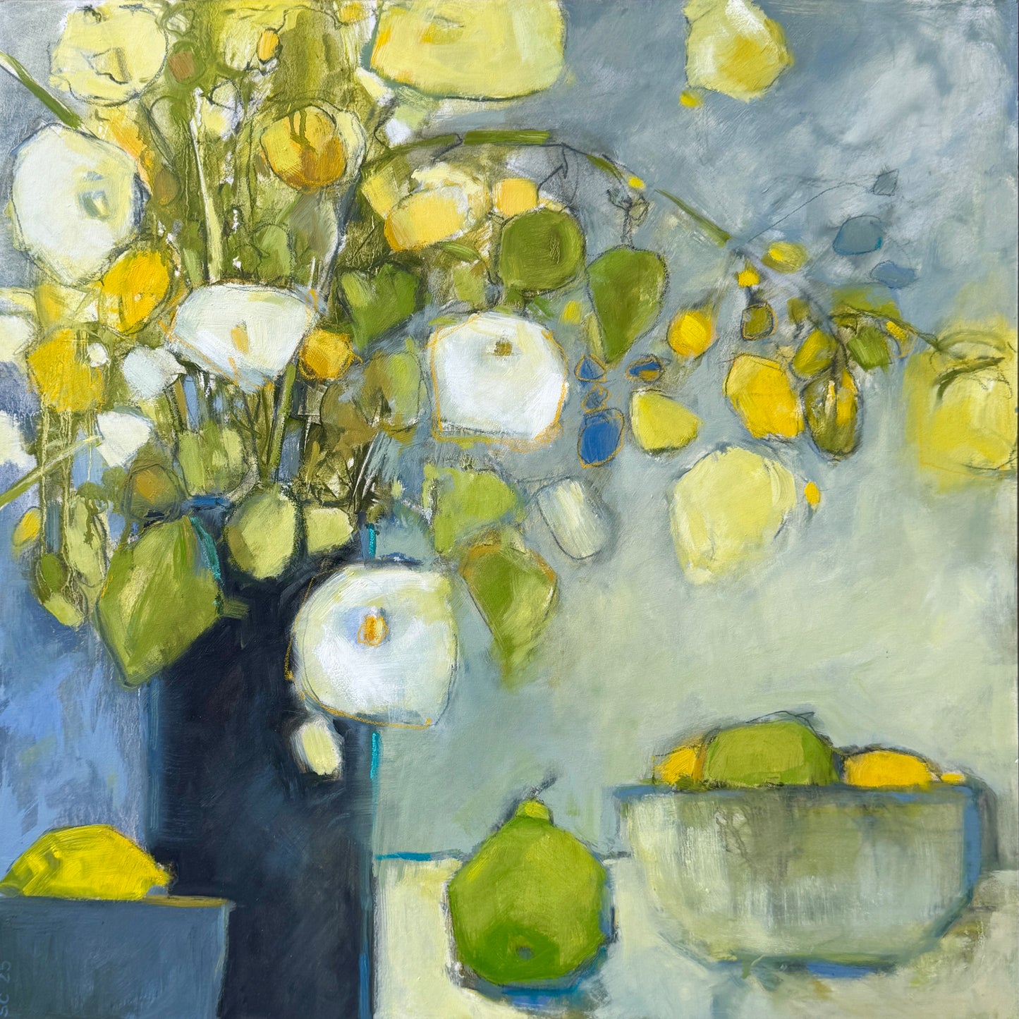 Artistic depiction of a vase with flowers and lemons.