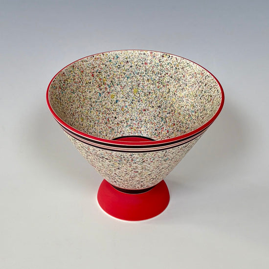 Flecked Conical Bowl on Foot - Red/Black