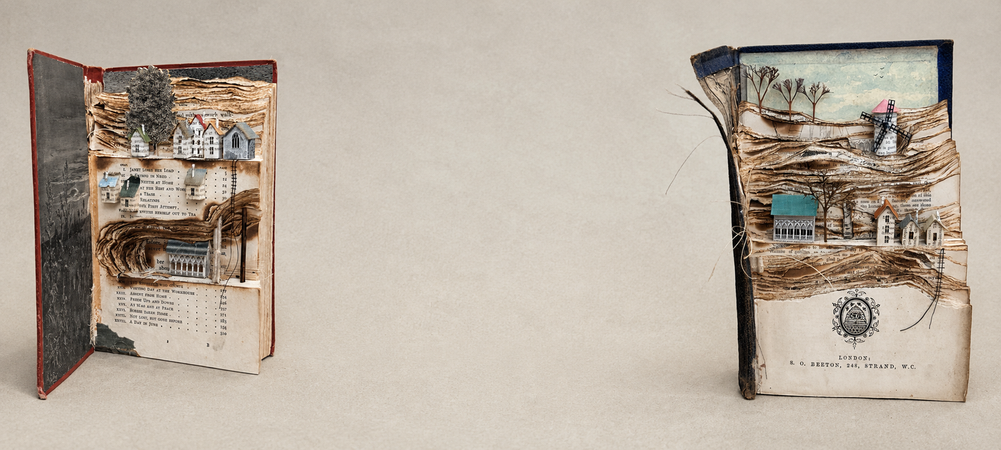 Wide banner with two altered-book sculptures and central blank space